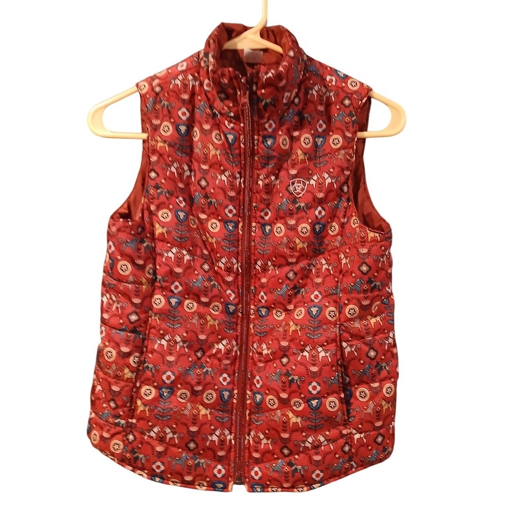 Ariat Youth Jeune Reversible Quilted Puffer Vest Red Horse Floral Size L 12